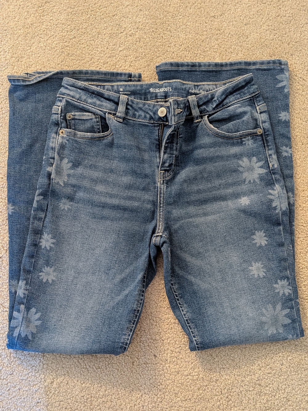 Girls Medium Blue Floral-Print Stretch Jeans